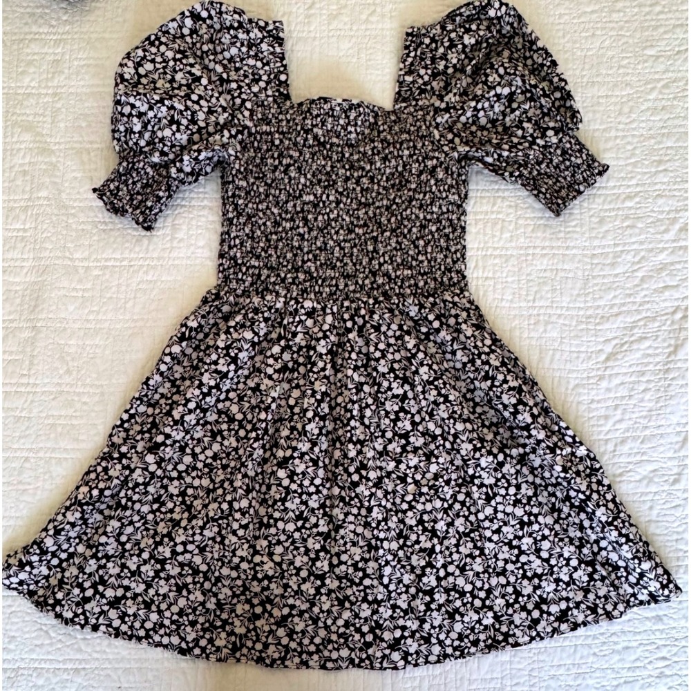 1.STATE Women Black White Floral Smocked Puff Sleeve Mini Dress Size‎ M